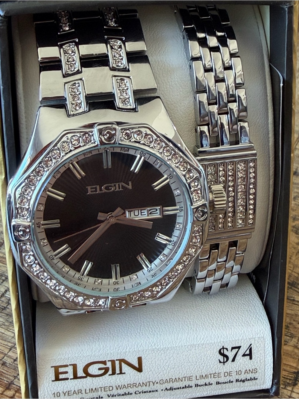 New! Elgin Crystal Bezel Men’s Watch 44mm + Matching Bracelet - NEW IN BOX! - Picture 2 of 7